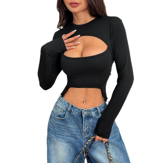 Camiseta Crop Top Slim Fit Negra – Sexy, Manga Larga y de Tendencia Urbana